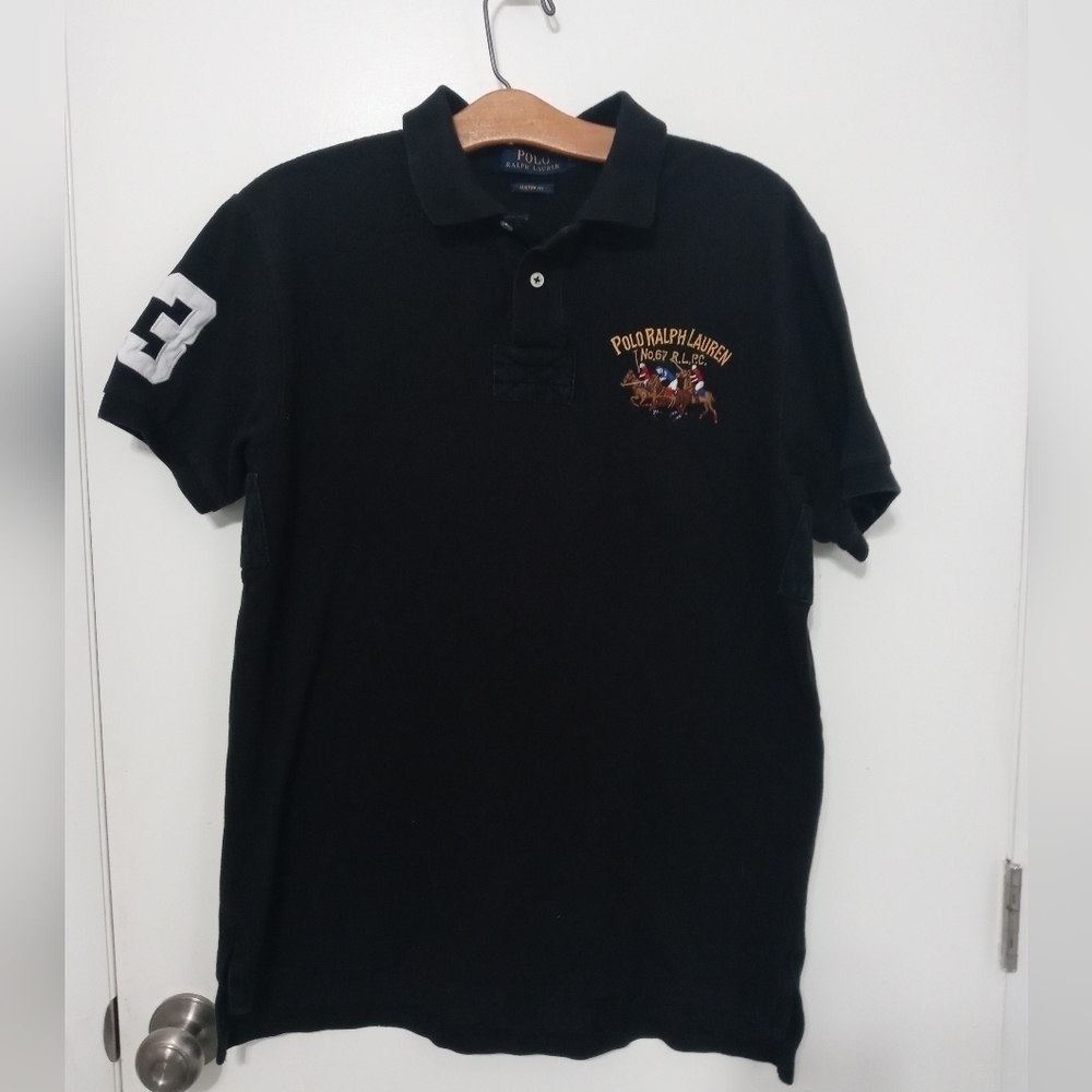 VTG POLO RALPH LAUREN CUSTOM FIT EMBROID TRIPLE PONY BIG LOGO BLACK POLO SHIRT L
